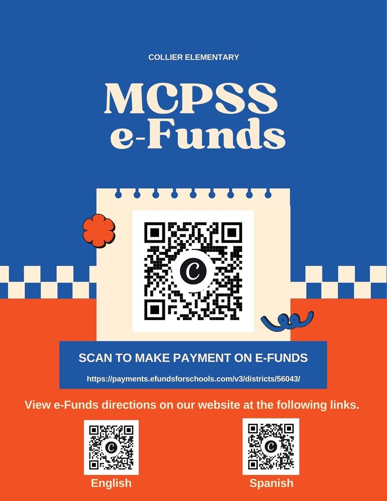 Blue and orange background. "MCPSS e-Funds" in white text. QR code for payment. Additional QR codes for English and Spanish directions.