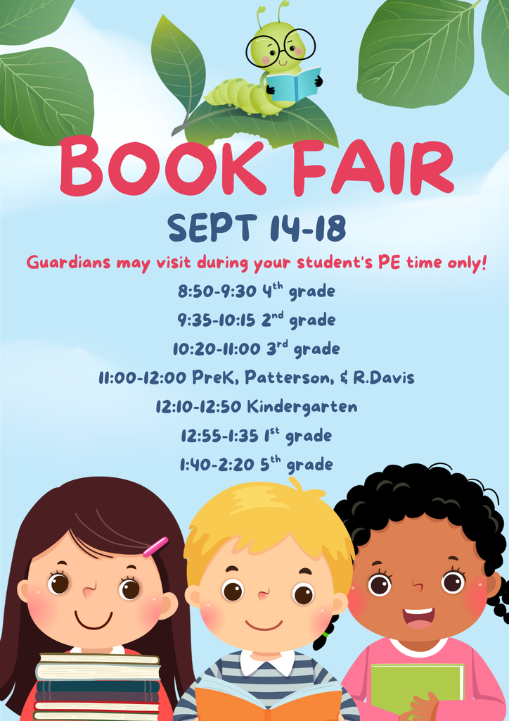 Poster with four smiling children, one holding a book, a caterpillar on leaves, and text "BOOK FAIR SEPT 14-18".