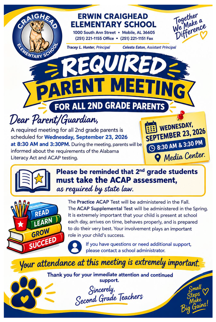 Poster for Erwin Craighead Elementary School. It states a meeting for all 2nd grade parents is required. Date is September 23, 2026.