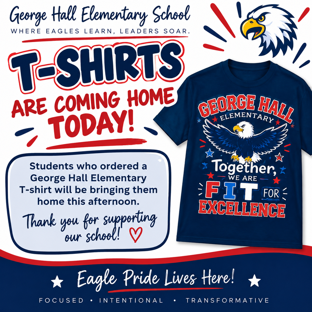 A school announcement shows a blue T-shirt with an eagle and "FIT FOR EXCELLENCE" text. A note thanks supporters.