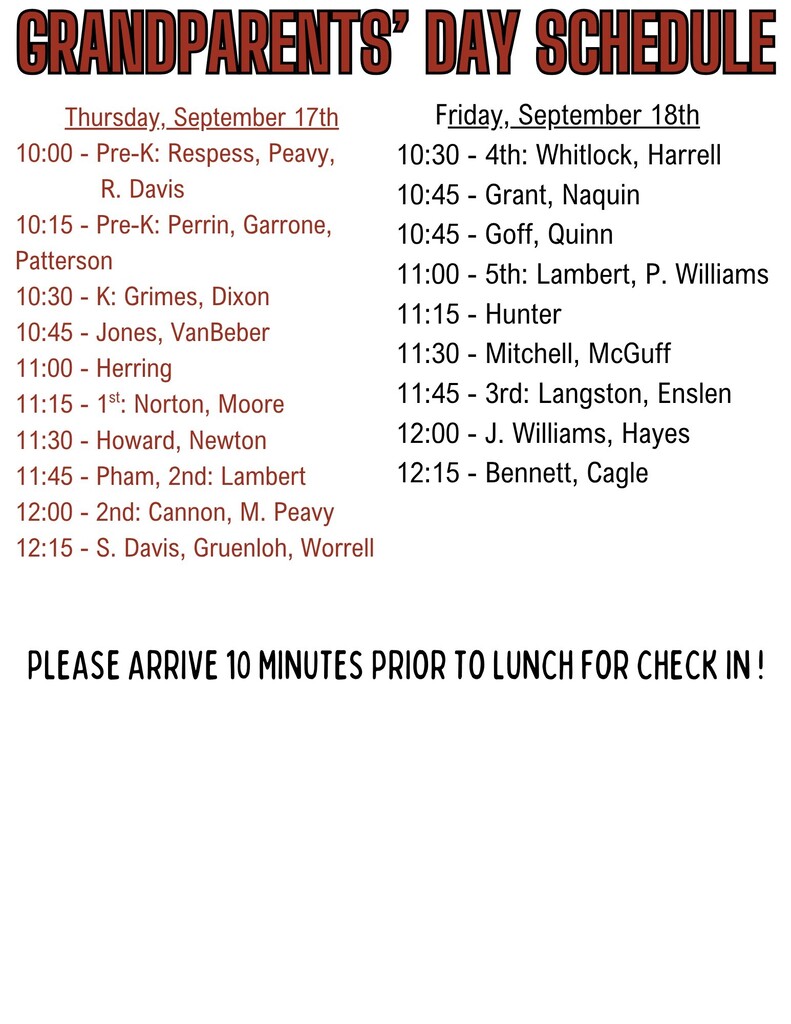 A schedule for Grandparents' Day. Dates and times for activities are listed. Days are Thursday, September 17th, and Friday, September 18th.