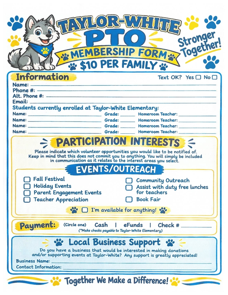 Document titled "Taylor-White PTO Membership Form." It includes contact info, participation opportunities, payment options, and community outreach.