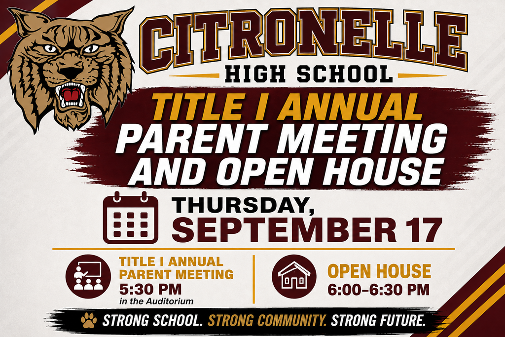 Parents, please join us for our 2026 Open House and Annual Title I Meeting - Thursday, Sep. 17 from 5:30-6:30 p.m. We hope you can join us and get a chance to visit with your student's teachers.