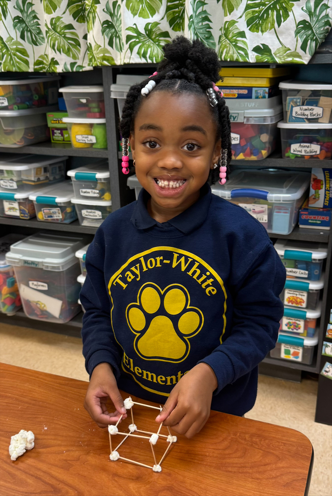 A child wearing a blue sweatshirt with the words "Taylor-White Elementary" smiles while holding a structure made of sticks.