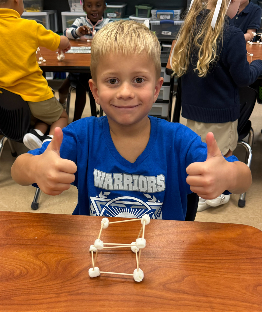 A child sits at a table with a geometric structure in front of them, made of sticks and marshmallows.