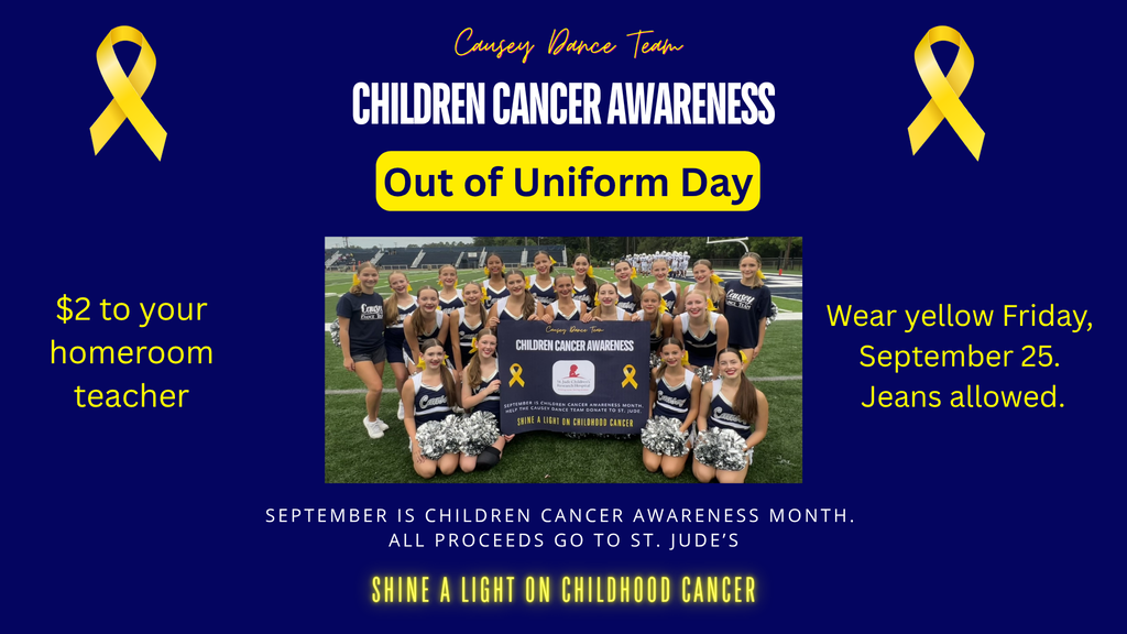 A poster with a blue background shows a team in black uniforms. It highlights Children Cancer Awareness Month.
