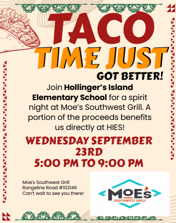 Event flyer with the title "Taco Time Just Got Better!" and details for a night at Moe's Southwest Grill. Wednesday September 23rd from 5-9 pm.