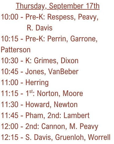 A white page displays a schedule with names and times, divided into categories like Pre-K and 2nd.