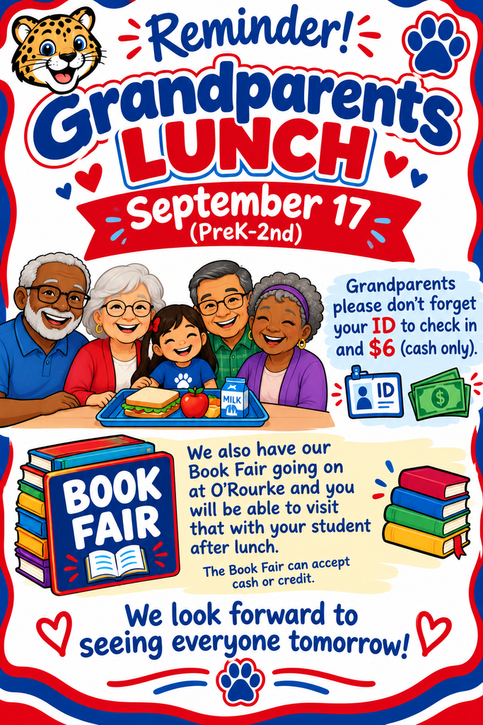 An announcement poster for Grandparents Lunch on September 17. It features a family and an ID, with a Book Fair and cash/credit options.