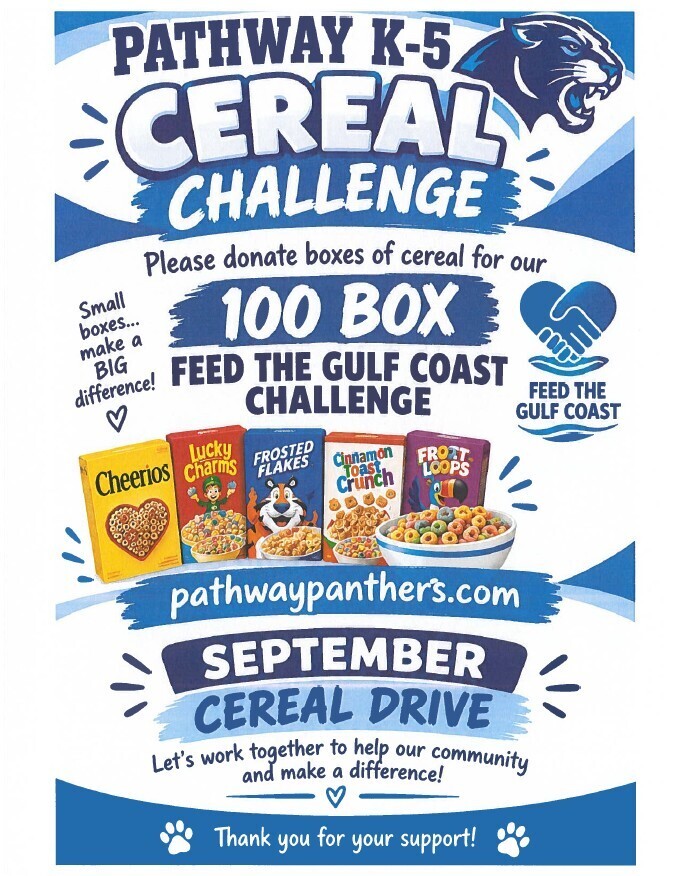 Poster promoting the September Cereal Drive. It features the Pathway K-5 logo, a panther logo, and several boxes of cereal.