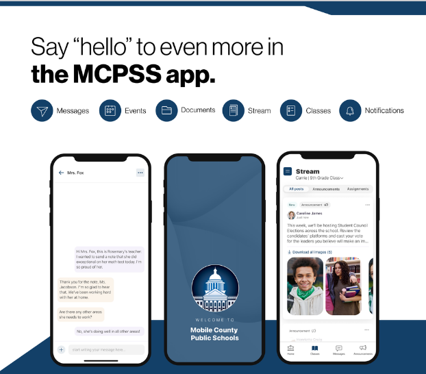 Graphic with images of cellphones and the words: "Say hello to even more in the MCPSS app"