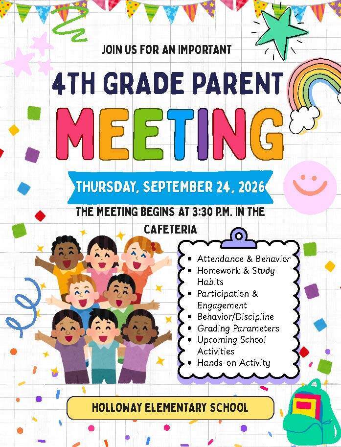 Flyer for 4th grade parent meeting. Features children in a circle, date, time, location, and meeting topics.