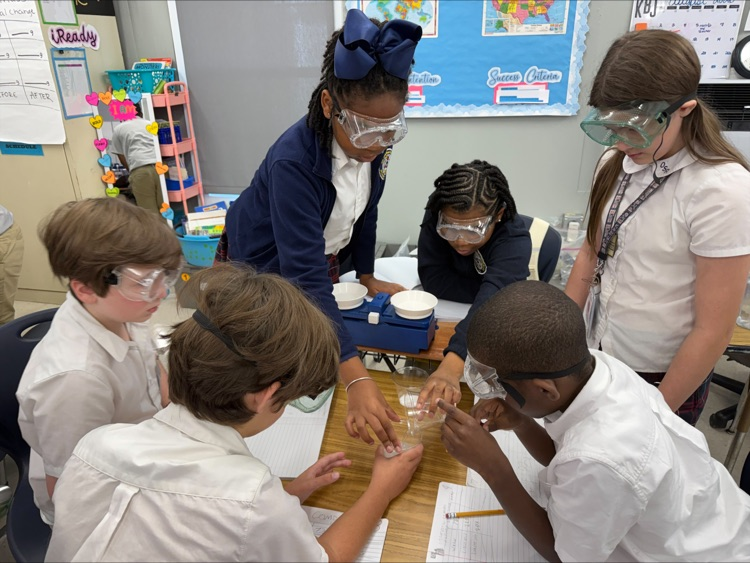 Mrs. Barnes’ fifth-grade students conduct a science experiment by mixing baking soda with a citric acid solution to observe a chemical reaction and learn about the Law of Conservation of Matter.