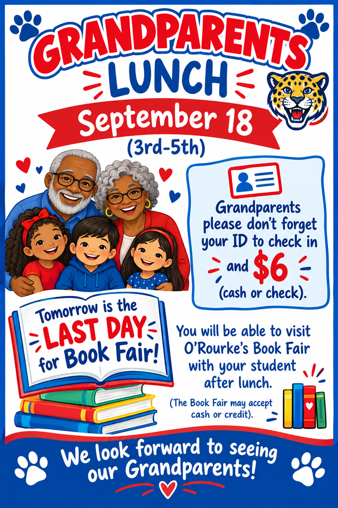 Poster for Grandparents' Lunch. Features an elderly couple and three children. September 18. Mentions book fair.