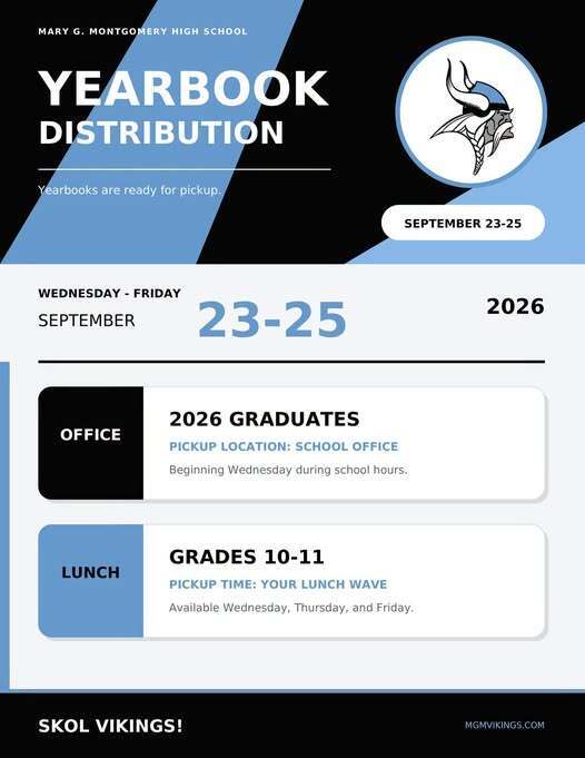 Yearbook pick up September 23-25. Graduates pick up in the office. Students pick up on their lunch wave.