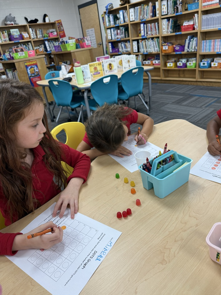 first grade creating picturegraphs in the library using candy