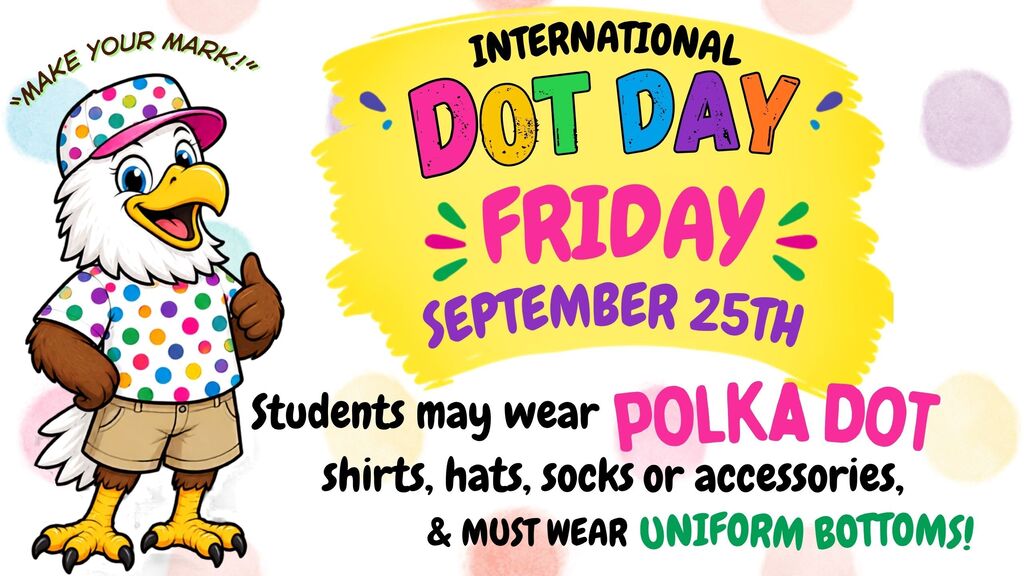 An eagle wearing a polka dot shirt, hat, shorts, and sneakers on a polka dot background.