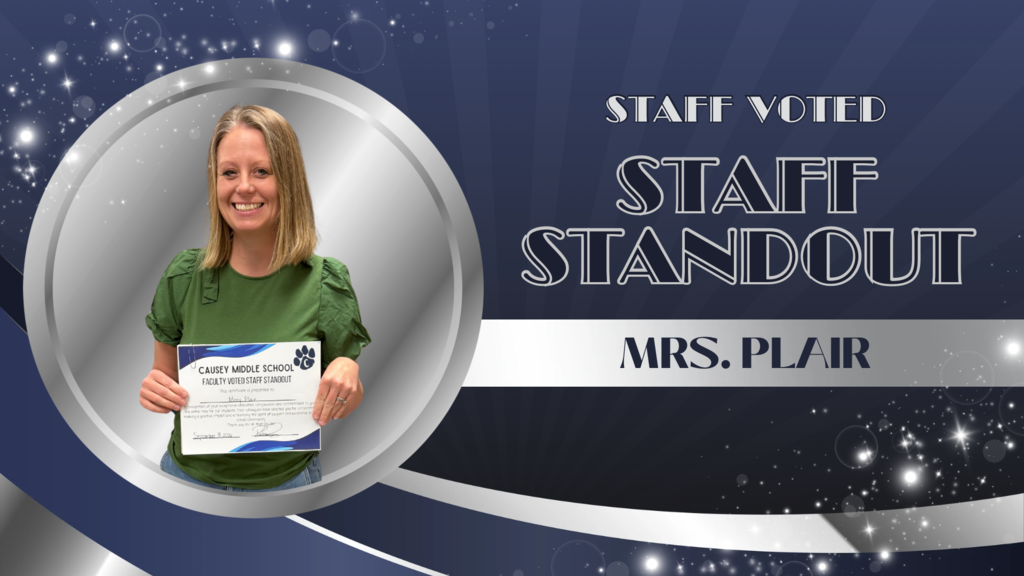 A woman in a green shirt holding a certificate. "Staff Voted Staff Standout Mrs. Plair" text on a blue and silver background.