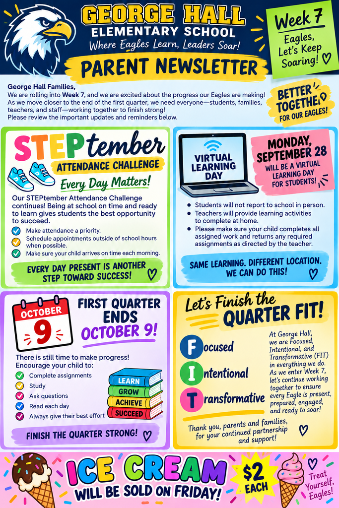A colorful newsletter page with icons, text, and numbers. Sections include attendance, virtual learning, and quarter ends. Images of ice cream and eagles.