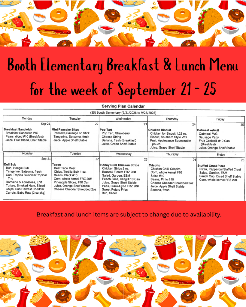 Breakfast and Lunch menu for Sept 21 - 25