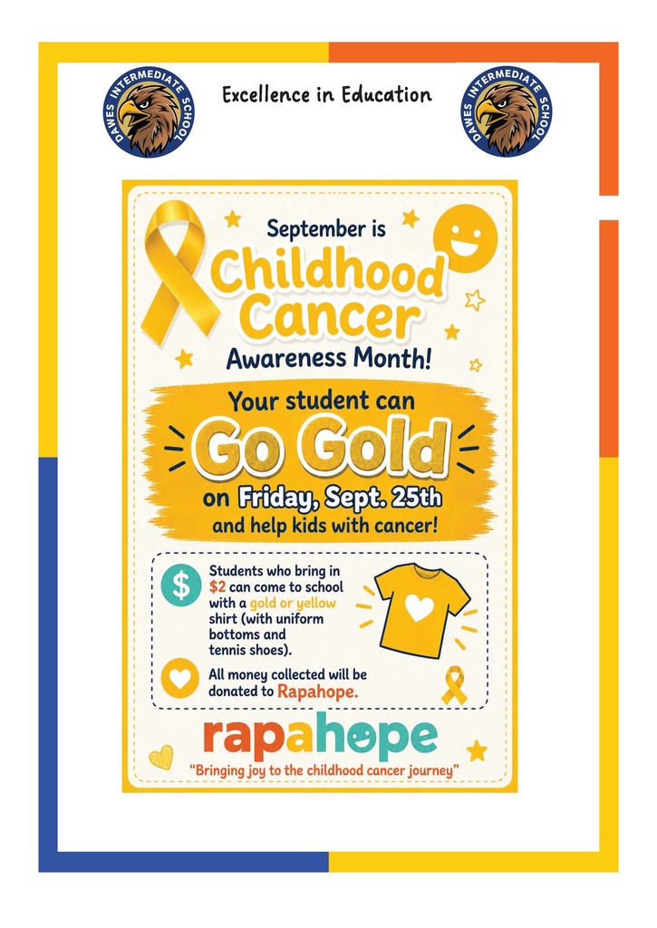 Bright poster with yellow, white, and blue colors. It reads "Go Gold" and "Childhood Cancer Awareness Month" on September 25.