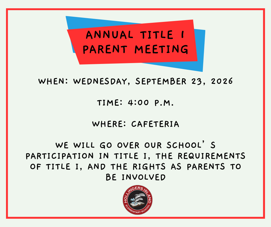 A white background displays a red-blue border. Centered is the title "Annual Title I Parent Meeting". Below are details: Date: September 23, 2026, Time: 4:00 PM, Location: Cafeteria.