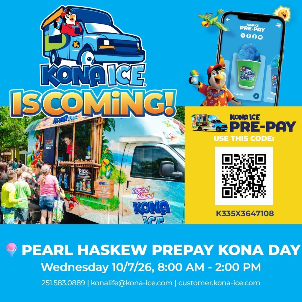 Poster shows a Kona Ice truck with children. The truck is decorated. Text reads "Kona Ice is Coming! Pre-Pay Use This Code: K3SX3647108".