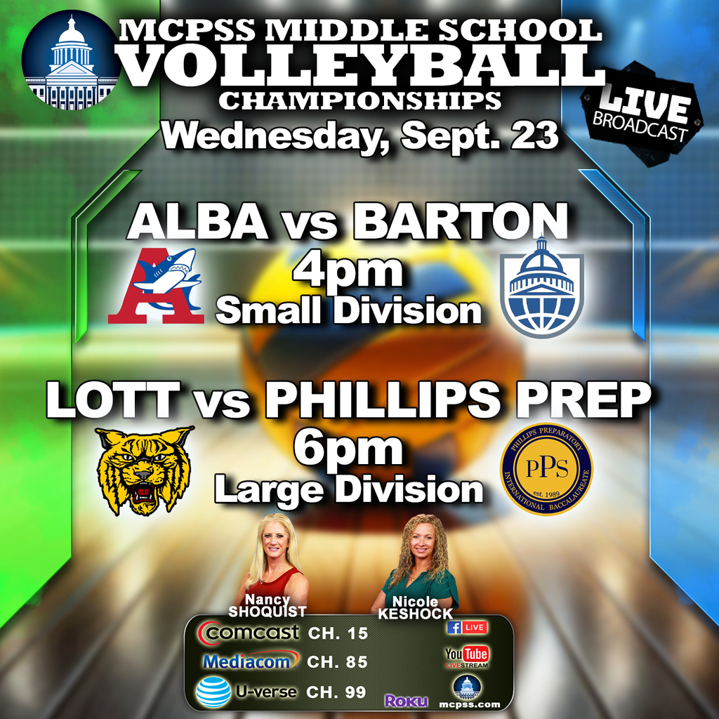 Graphic promotion mcpssTV coverage of the MCPSS Middle School Volleyball Championships