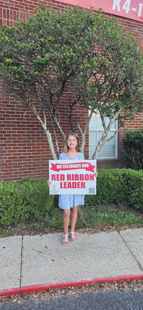 A young person stands on a sidewalk, holding a sign that says "Red Ribbon Leader" in front of a brick building.