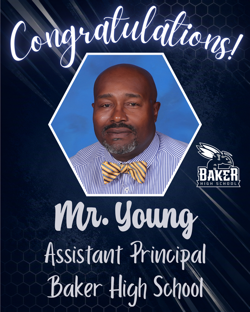 A blue background displays a hexagonal photo of an adult man in a striped shirt and bow tie. Text reads: "Congratulations! Mr. Young, Assistant Principal, Baker High School."