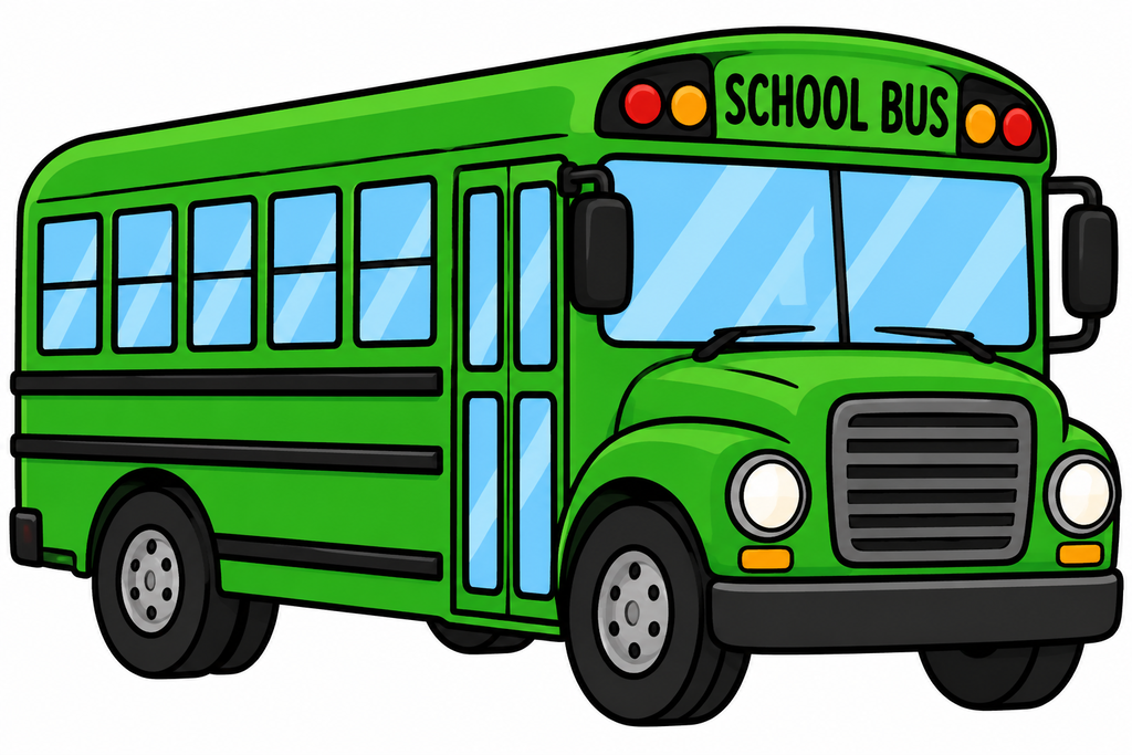 A green school bus with black windows and trim, red lights, and lettering on the front