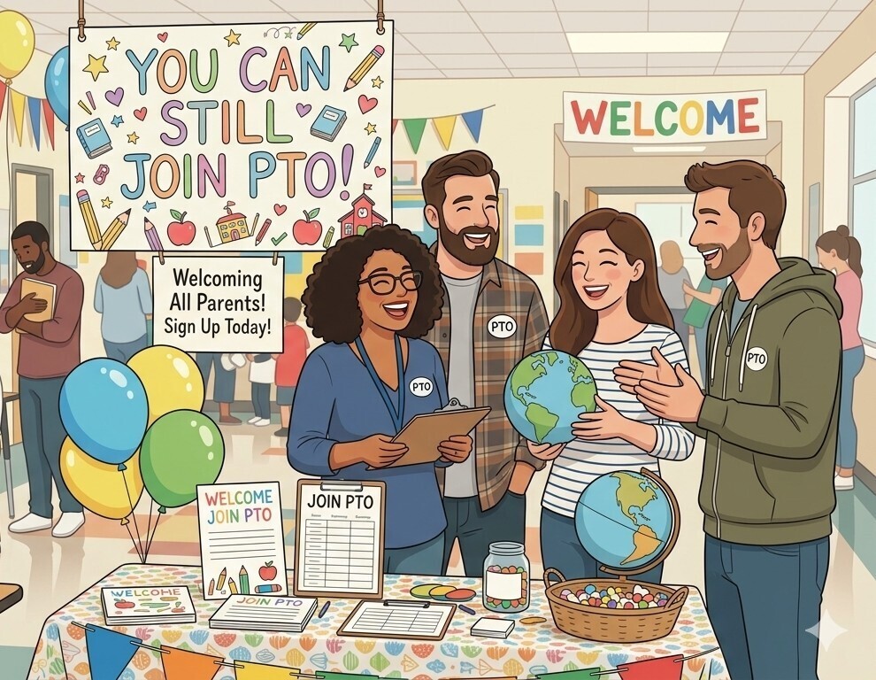 An illustration of adults at a booth. A banner says "You Can Still Join PTO!" Two globes are on the table.