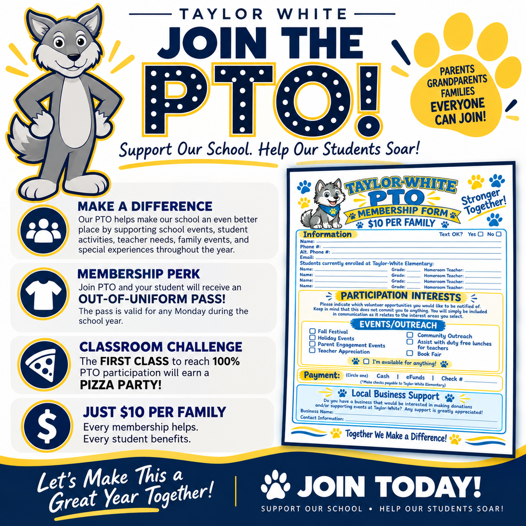 A poster advertises joining the PTO with a wolf mascot, membership benefits, a classroom challenge, and a pizza party.