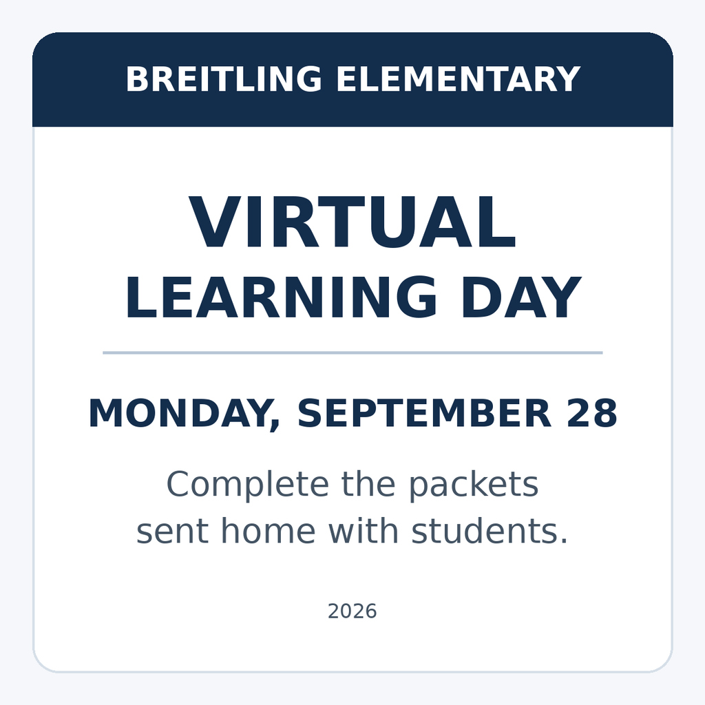 A navy and white graphic announces that Monday, September 28, is a virtual learning day and reminds families to complete the packets sent home.