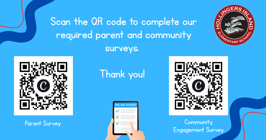 A blue background features two QR codes. Below them, a phone with a QR code is displayed. Text reads: "Scan the QR code to complete our required parent and community surveys."