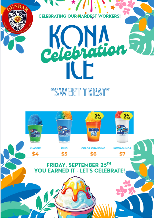 Advertisement poster for Kona Ice. Prices range from $4 to $7.