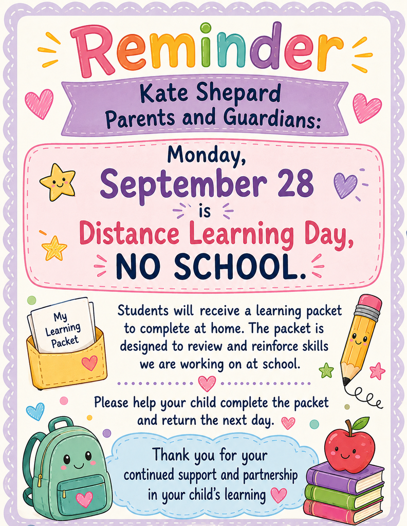 A colorful reminder card for parents about Distance Learning Day on September 28 with illustrations of a backpack, pencil, apple, books, and stars.