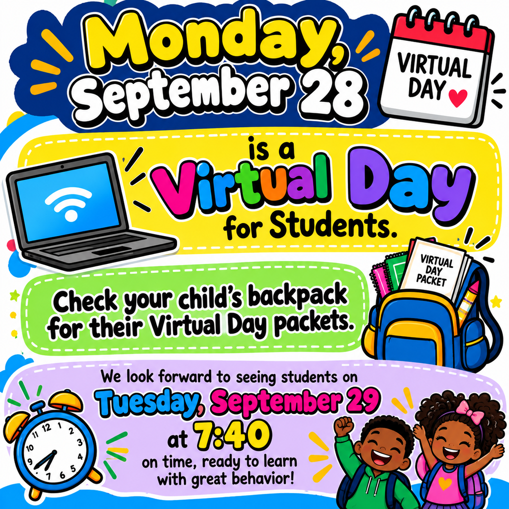 Poster with bright colors featuring a laptop and text: "Monday, September 28 is a Virtual Day for Students."
