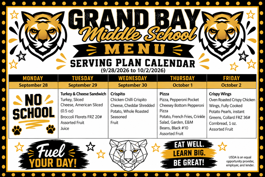 A menu for Grand Bay Middle School serves plan calendar from September 28 to October 2. It features a tiger mascot and stars.