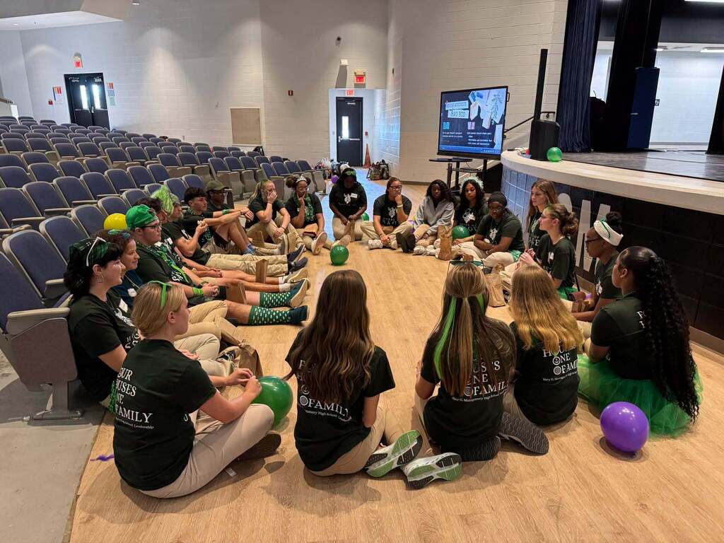 The Academy of Business Management Leadership Pathway students participate in a House Hype event.