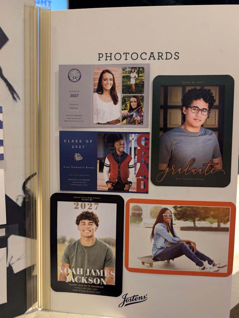 Display of postcards with various photos of people. Four photos on a white background. A man, a woman, and two young men in different poses.