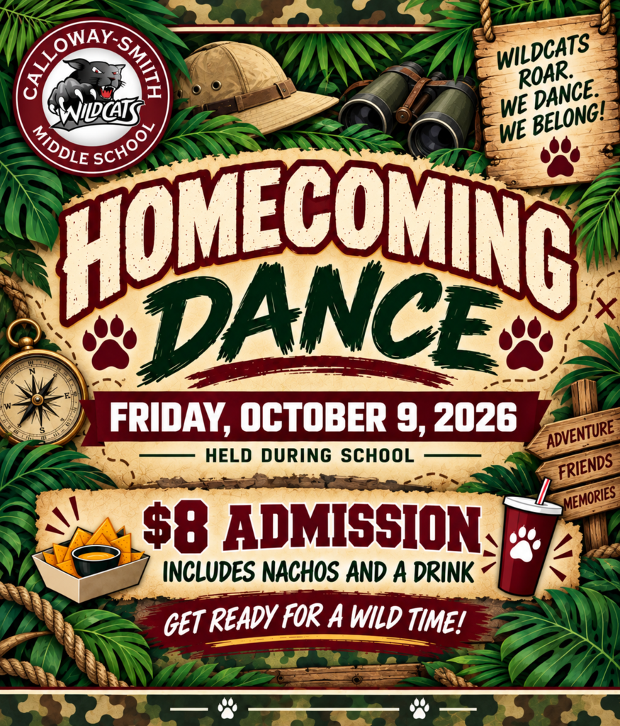 Advertisement for Homecoming Dance on Friday, October 9, 2026. Admission $8. Includes nachos and a drink.