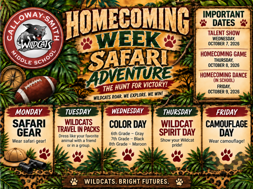 A poster with green leaves and paw prints has "Homecoming Week Safari Adventure" at the top. Various events are listed from Monday to Friday.