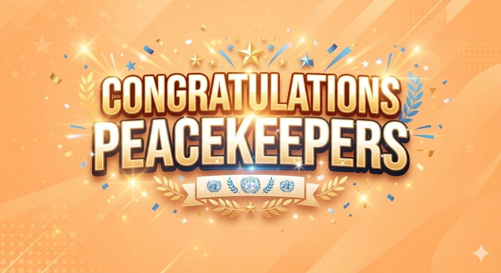 A celebratory banner with "Congratulations Peacekeepers" on an orange background with stars, ribbons, and confetti.