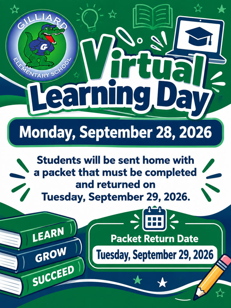 Parents as a reminder, Monday, September 28th is a Virtual Learning Day for students. They have been given a packet to complete and it must be returned on Tuesday, September 29th. Thank you.