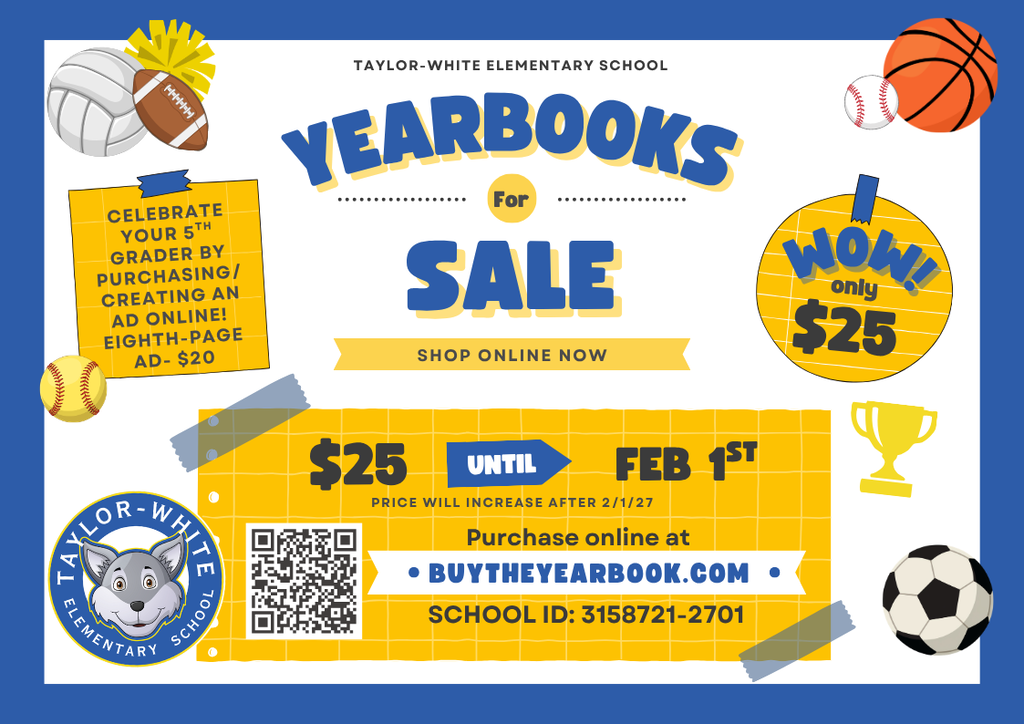 A poster for yearbook sale with sports icons, a wolf logo, a QR code, and a price tag.