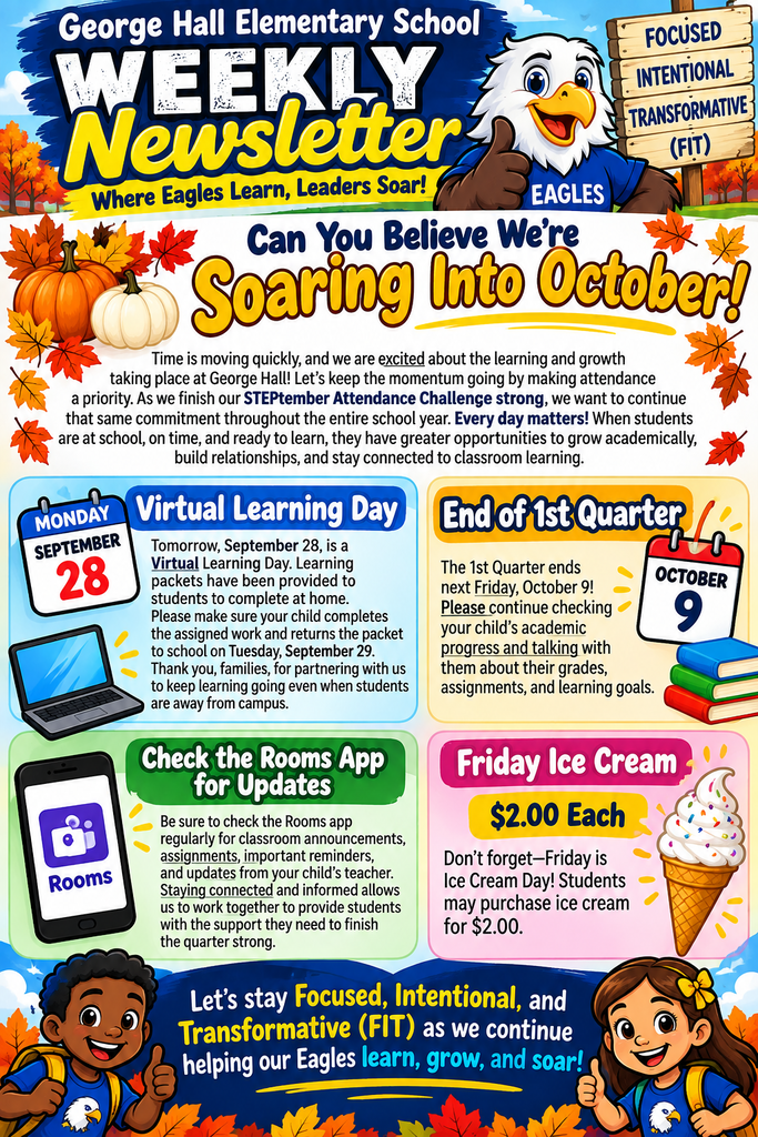 A school newsletter features an eagle, icons for a pumpkin and ice cream, and text about a virtual learning day and Friday ice cream.