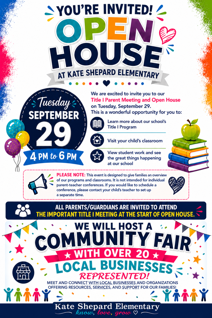 A colorful invitation with balloons, books, and balloons. It invites attendees to an open house on Tuesday, September 29.