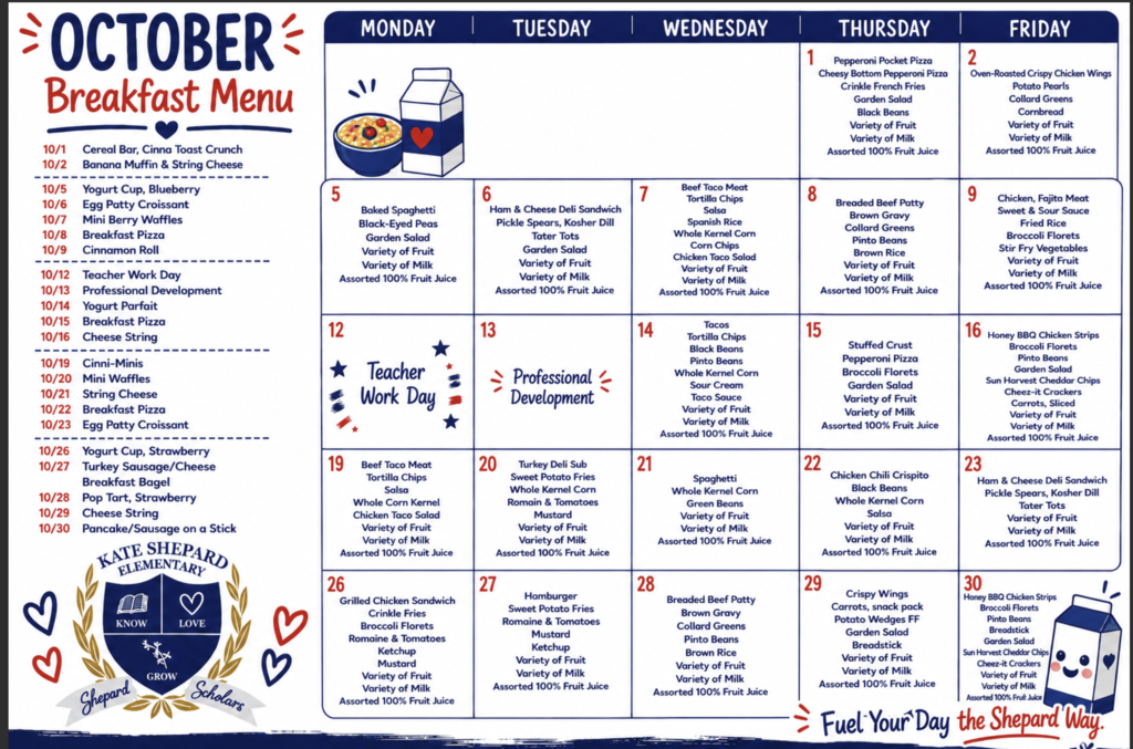 A menu for October with breakfast items listed from Monday to Friday. Text is in various colors. A blue shield with a gold border and stars is in the lower left.