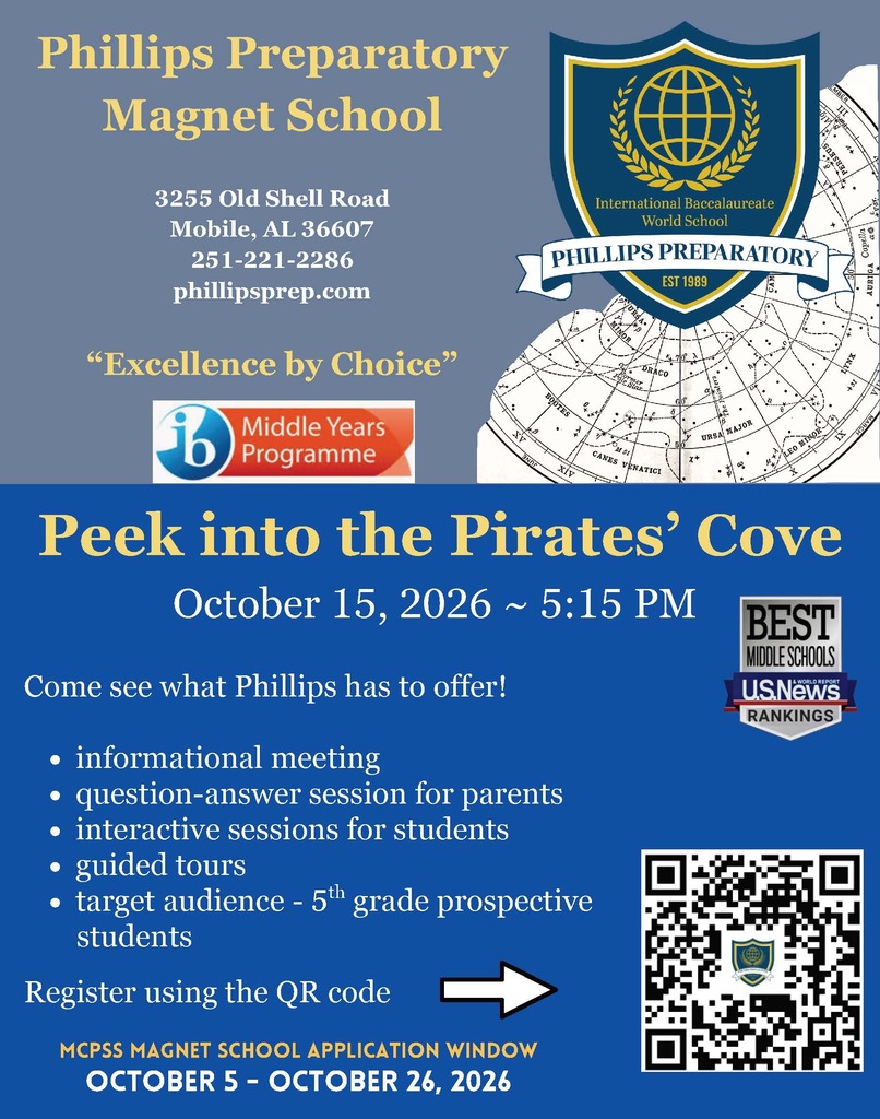 A grey and blue flyer with a map and Philips' logo and a QR code to register for the Philips open house. It will be October 15 at 5:15pm. There will be an informational meeting, question-answer session for parents, interactive sessions for students, and guided tours. The target audience is 5th grade prospective students. The MCPSS magnet school application window is October 5-26.